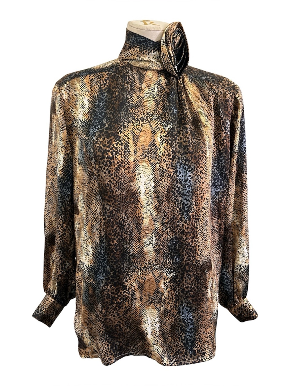 Vintage 80’s Escada silk python print high neck blouse brown cream blue Size S